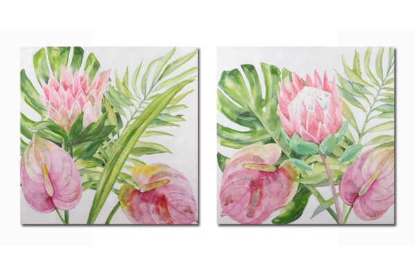 Cuadro conjunto de hojas y flores tropicales